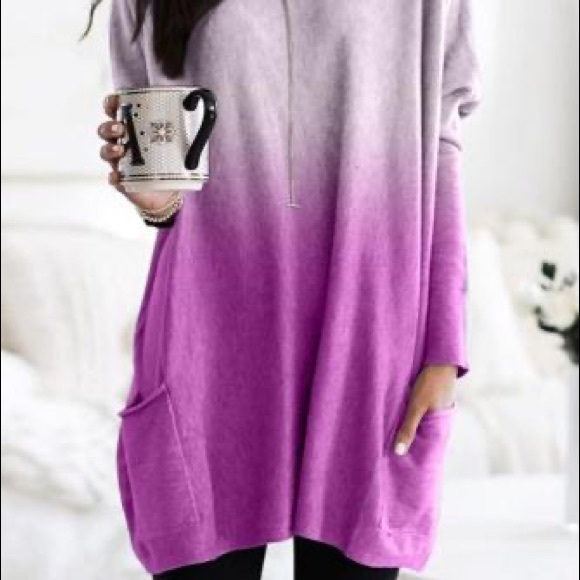 Pink Color Block Ombré Sweater with Pockets - Picture 6 of 7